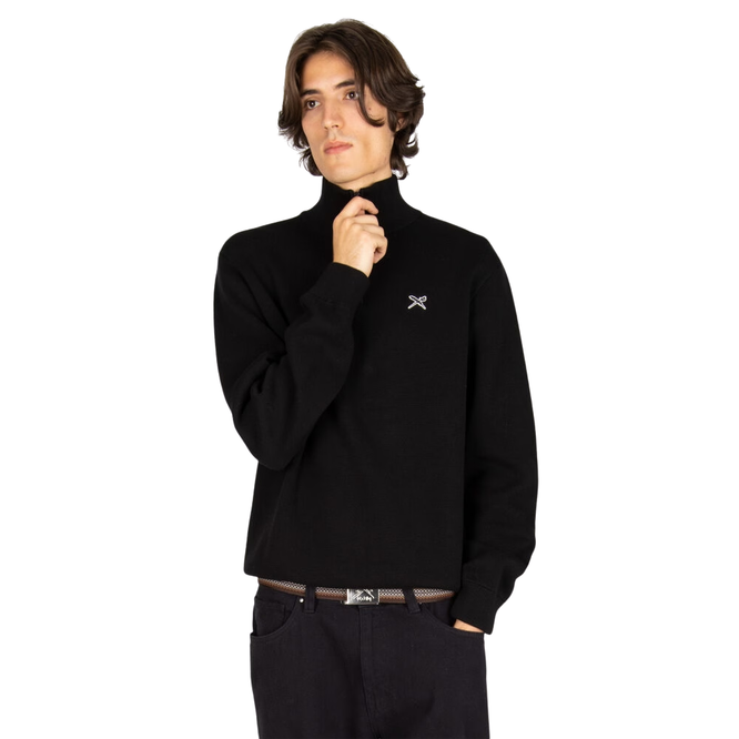 Heavy Flag Knit Troyer Half Zip Black