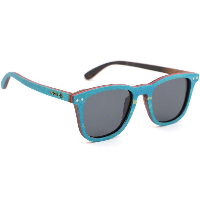 Classic Skateboard Wood Sunglasses Blue/Red + Grey Lens